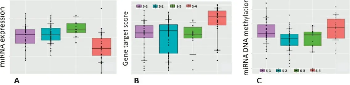 FIGURE 3.4 Combining data from (A) micro RNA expression, (B) gene set enrichment, and (C) gene-level methylationwith known biological information allowed researchers to infer that methylation drives differential gene expression in onecolorectal cancer subt