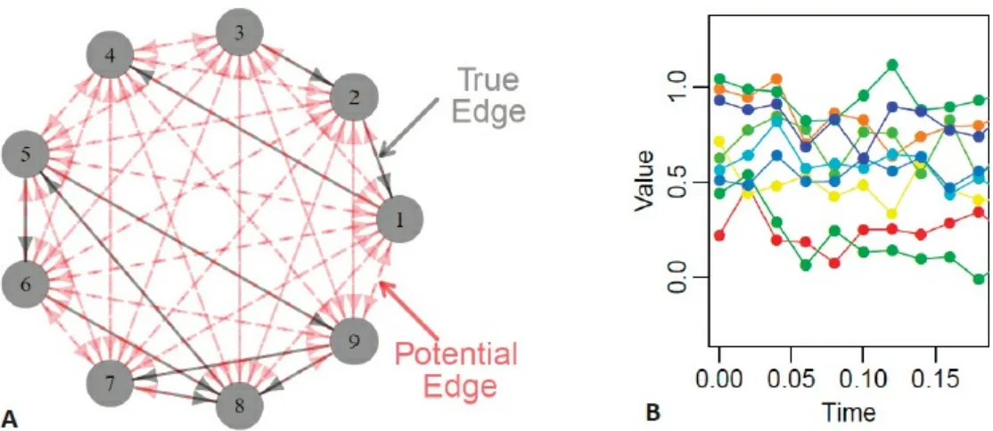 FIGURE 5.1 Example of a (A) directed graphical model with nine nodes, constructed from (B) gene expression timecourse data