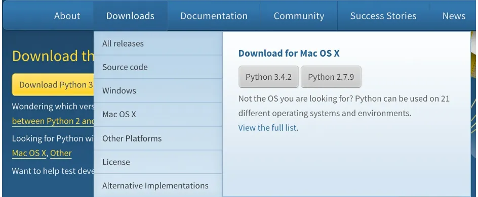 Figure 1-2. The download navigation menu of python.org