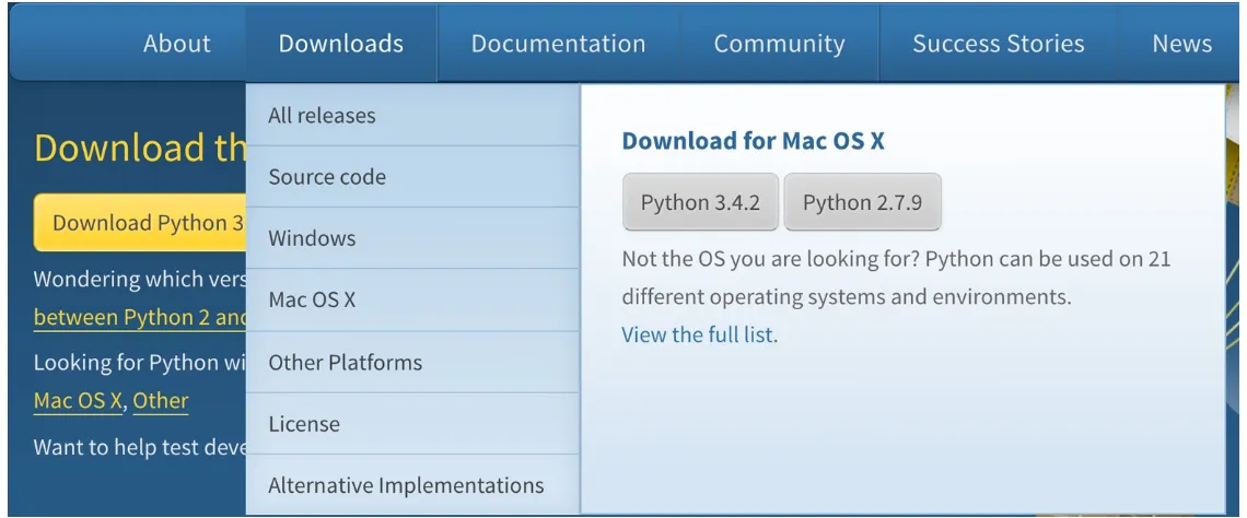 Figure 1-2. The download navigation menu of python.org