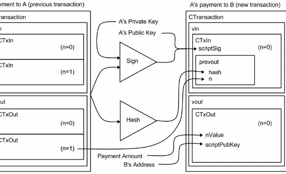 Figure 7.1: Diagram of a Bitcoin transfer where A is sending bitcoins to B. The transaction onthe left shows multiple inputs (CTxIn) in vin and multiple outputs (CTxOut) in vout to