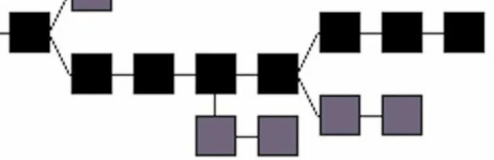 Figure 8.1: The black blocks represent the accepted branch, which is the longest. Gray blocksare kept in the block chain, but ignored because they are not on the longest branch