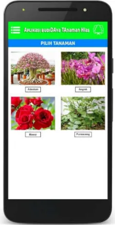 Gambar 4.2 Tampilan menu utama terdapat pilihan tanaman. Pada tampilan ini pengguna (user) bisa memilih jenis tanaman yang akan dibudidayakan