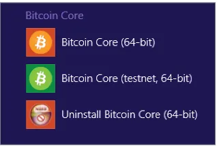 Figure 1-3:  The three options in the Bitcoin Core program group.