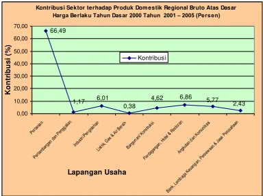 Gambar 6.2 Grafik Kontribusi Sektor terhadap produk Domestik Regional Bruto Kabupaten Pidie Atas Dasar Harga Berlaku Tahun Dasar 2000 Tahun 2001-2005 (dalam persen) 