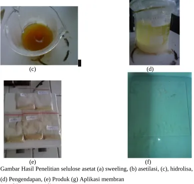 Gambar Hasil Penelitian selulose asetat (a) sweeling, (b) asetilasi, (c), hidrolisa, 