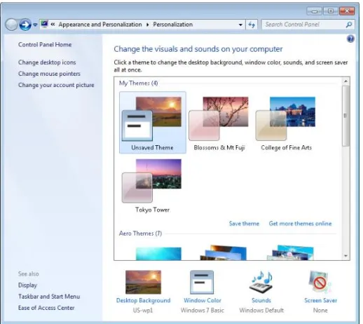 Figure 1-4 In Windows 7, all personalization options are consolidated in a single control panel.