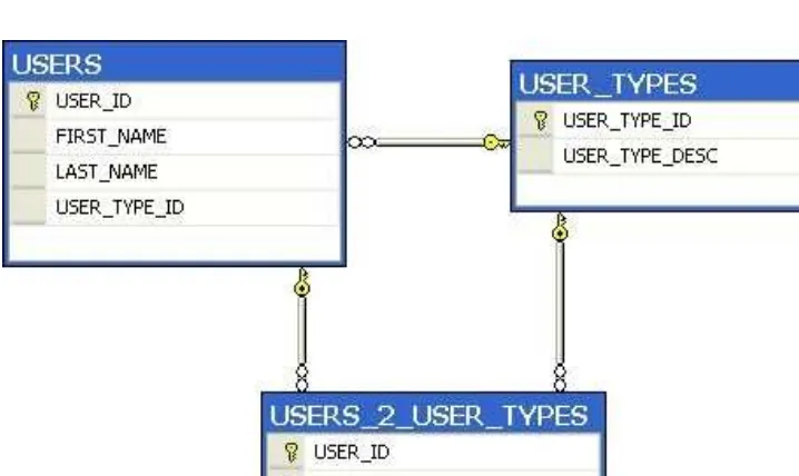 Figure 11-6. The USERS, USERS_2_USER_TYPES, and USER_TYPES tables 