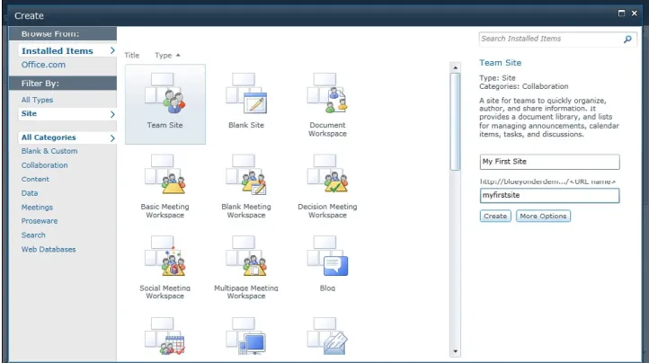 FIguRE 1-4 The Create gallery in SharePoint.