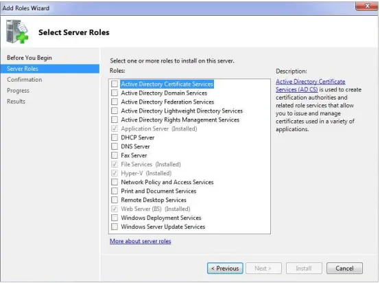 FIguRE 1-8 The Server Manager Add Roles Wizard, which can be used to install the Hyper-V role.