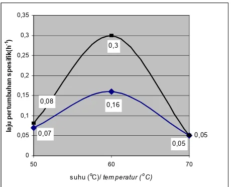 Gambar 2. Suhu optimum pertumbuhan bakteri D-2124 dalammedium TMMFigure 2.  Optimum growth temperature of isolate D-2124 inTMM medium.
