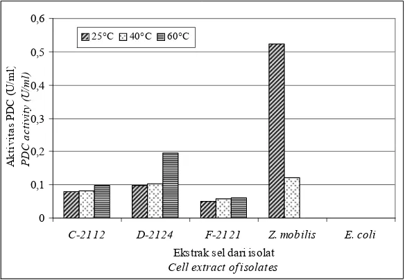 Gambar 3. Pengukuran aktivitas PDC pada suhu 25, 40 dan 60oFigure 3.   Determination of PDC activity at 25, 40 and 60C dari isolat terpilih dan kontrol.oC of selected isolates and control isolates