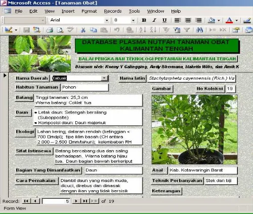 Gambar 1. Tampilan menu sistem database sumber daya genetik tanaman obat Kalimantan Tengah