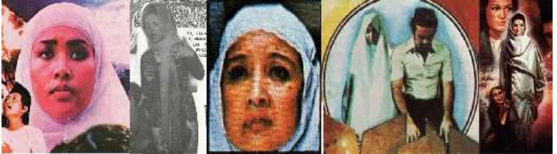 Gambar 2: Wanita mengenakan jilbab di selebaran untuk (L-R) Al-Kautsar (1977), PanggilanKa'bah (1977), Begadang (1978), Cinta Segitiga (1979) dan Para Perintis Kemerdekaan (1977).Sorban juga ikut dalam pengaturan yang lebih kontemporer