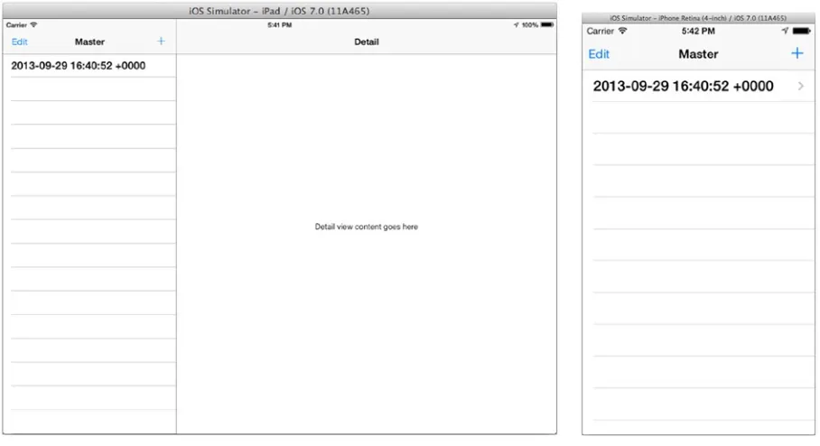 Figure 3-2. Master detail view template running on both iPad (left) and iPhone (right)