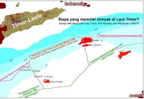 Gambar 1. Peta menunjukkan ladang minyak (hijau) dan gas (merah) utama, kesepakatan perbatasan dan zona bagi-pendapatan di bagian Timor-Leste di Laut Timor