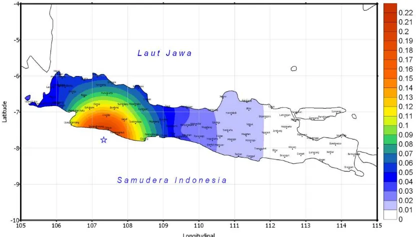 Gambar 2.9 Distribusi besarnya getaran gempa di batuan dasar (PBA) akibat gempa Jawa Barat 2 September 2009 