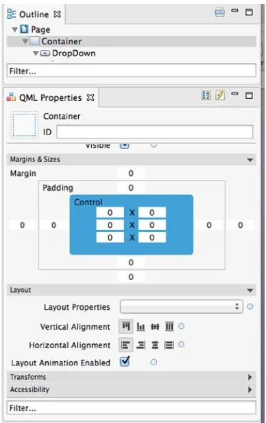 Figure 4-1. QML properties view with a Container selected