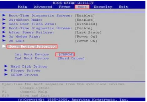 Gambar 2.1.4 Menu BOOT untuk mengubah booting dari CD-ROM 