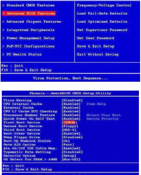 Gambar 2.1.5 Menu “Advanced BIOS Features” untuk mengubah booting dari CD-ROM 