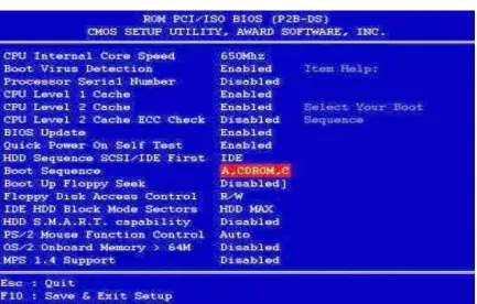 Gambar 2.1.6 Menu “BIOS Features Setup” untuk mengubah booting dari CD-ROM 