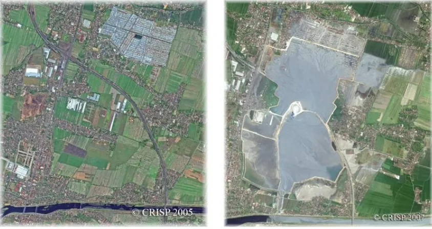 Gambar  10 Desa Siring dan sekitarnya, sebelum (2005) dan sesudah (2007) semburan LUSI terjadi
