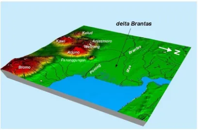 Gambar 1 Delta Brantas dibentuk oleh sungai Brantas, kali Porong, dan kali Mas. Gejala-gejala geologi yang terjadi di delta Brantas dan kompleks gunungapi di sebelah selatannya telah mempengaruhi maju dan mundurnya kerajaan-kerajaan Hindu abad 10-15 yang b