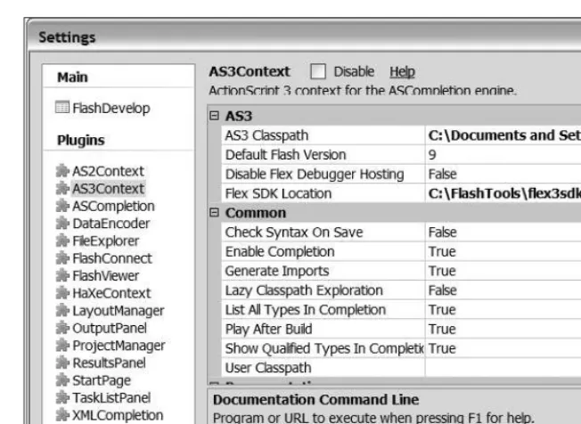 Figure 3-2. The Settings dialog box of FlashDevelop
