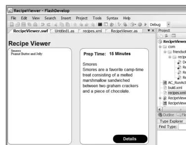 Figure 4-5. The resulting Recipe Viewer application running from inside FlashDevelop