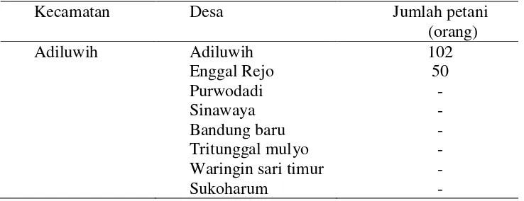 Tabel 5.  Sebaran petani cabai merah menurut desa di Kecamatan Adiluwih    Kabupaten  Pringsewu, 2011 