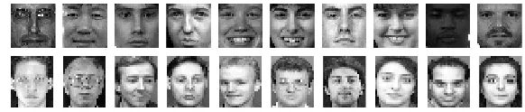 Fig. 1. The sample images from (top) FERET and from (bottom) ORL databases.