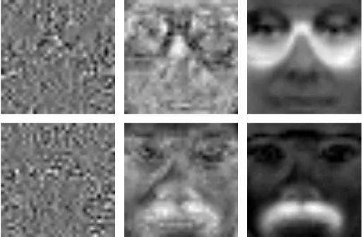 Fig. 4. Images of the projection vector for discriminating glasses (the ﬁrst row) andmustache (the second row)