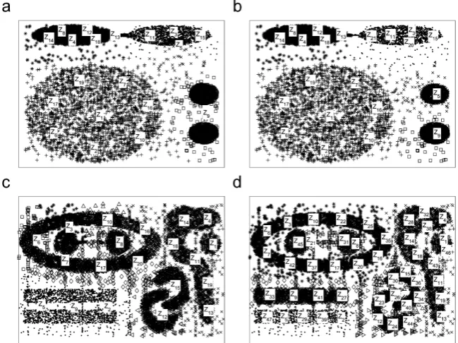Fig. 6. The clustering results of our proposed algorithm on the four 2D data sets: (a) DB1 with 11 prototypes, (b) DB2 with 29 prototypes, (c) DB3 with 38 prototypes and(d) DB4 with 59 prototypes.