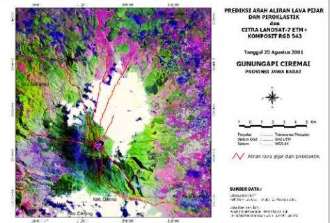 Gambar 1. Overlay prediksi arah aliran lava pijar dan piroklastik dengan citra Landsat-7 ETM+ 