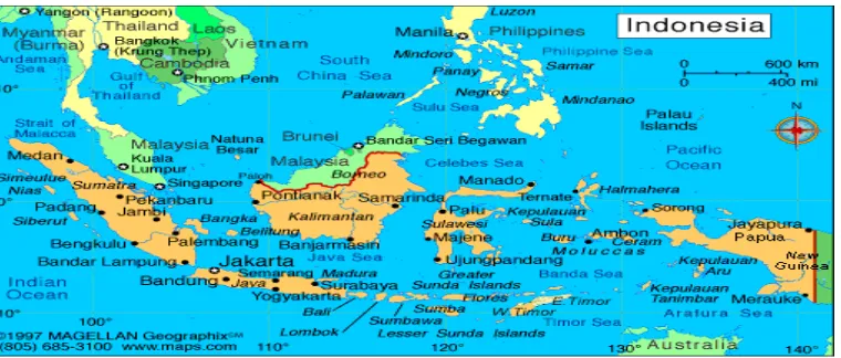 Gambar wilayah Indonesia yang terdiri dari berbagai pulau yang telahdisatukan oleh lautan.