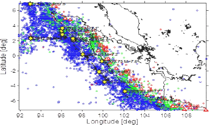 Gambar. 2  Seismisitas dengan4-9  dari gangan kedalaman sumber dangkal dan menengah di wilayari gabungan katalog NEIC-USGS dan BMKG periode 1963ilayah Sumatera dengan Mw  63–2013