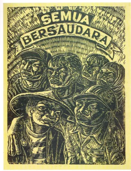 Gambar 2 Taring Padi, Semua Bersaudara (All Brothers), 45 x 60 cm, Woodcut. (Sumber: Katalog Setengah Abad Seni Grafis Indonesia, 2000) 