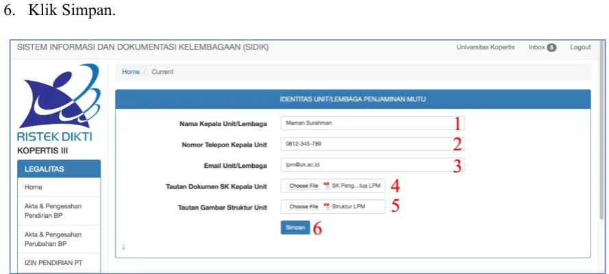 Gambar 12. Menu Submit Informasi Unit/Lembaga Penjaminan Mutu 