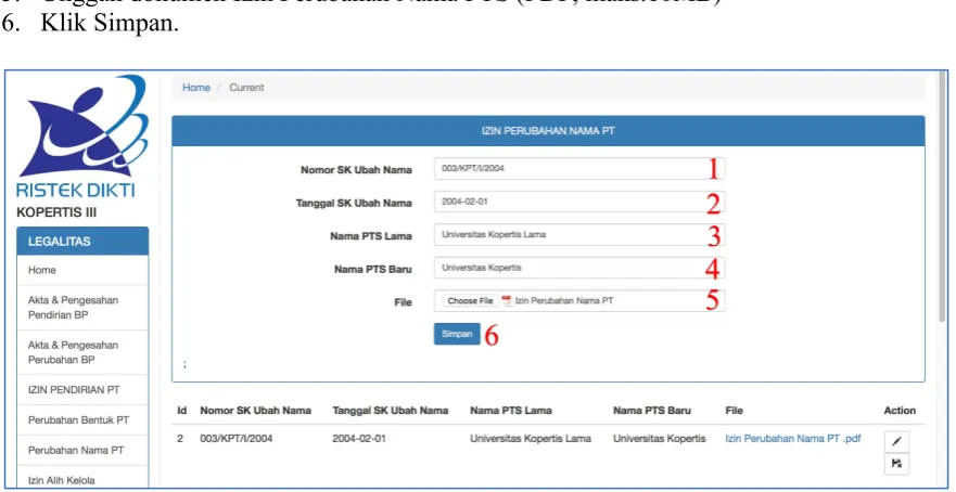 Gambar 8. Menu Submit Izin Perubahan Nama PTS 