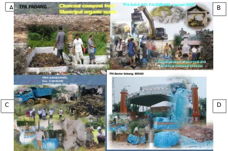 Gambar 1.  Aktifitas pembuatanArang Kompos Bio Aktif di beberapa TPA Kota.             (A: Padang; B: Palembang; C:  Pandeglang; dan D:  Bantargebang)