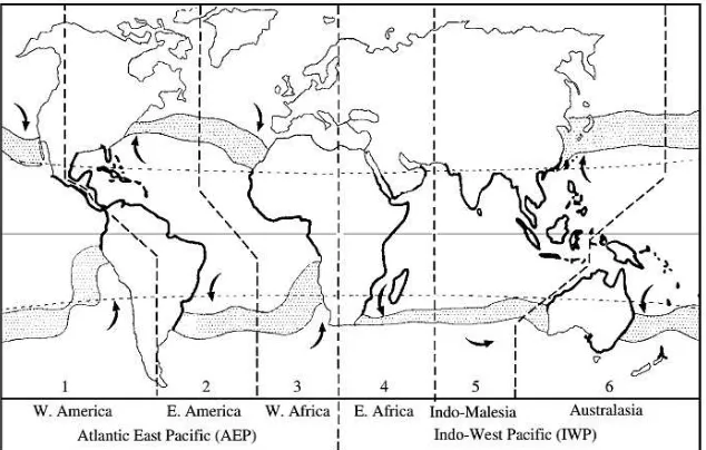 Gambar 1.1. Distribusi mangrove diseluruh dunia, direpresentasikan dengan garis tebal