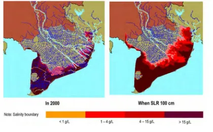 fiGure 4. saliniTy boundary in meKonG river delTa in 2000 and ProjeCTed for 1m slr