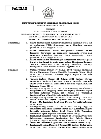 KEPUTUSAN DIREKTUR JENDERAL PENDIDIKAN ISLAM NOMOR 4692 TAHUN 2015 ...