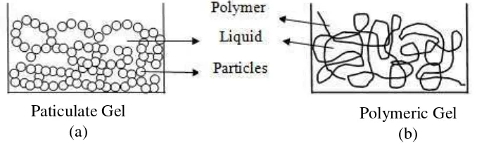 Gambar 2.4. Struktur dari a) particulate gel berasal dari suspensi partikel halus ; b) polymeric gel berasal dari larutan (Ashby dan Jones, 2001) 