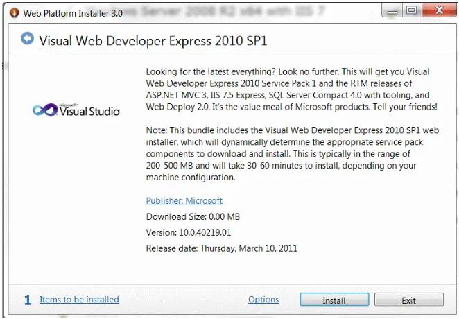 Figure 1.2. Installing Visual Web Developer 2010 Express Edition