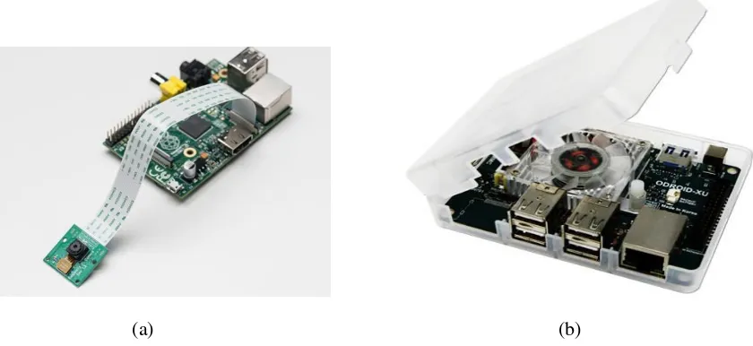 Gambar 7.14  Raspberry Pi model B 512M dengan kamera parallel  (a)  dan Odroid-XU (b) 