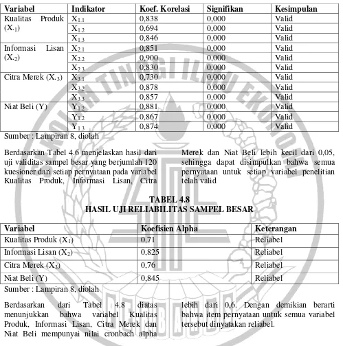 TABEL 4.8 HASIL UJI RELIABILITAS SAMPEL BESAR 