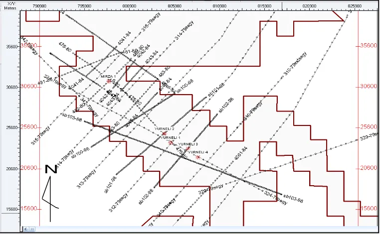Gambar 4.1 Basemap lintasan seismik Lapangan Mirza-Yurneli. 