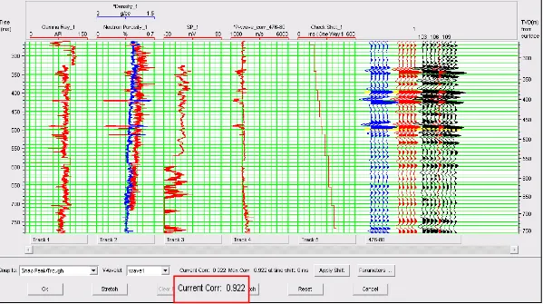 Gambar 4.3 Contoh Korelasi data sumur dengan data seismik dengan nilai koefisien korelasi sebesar 0.922