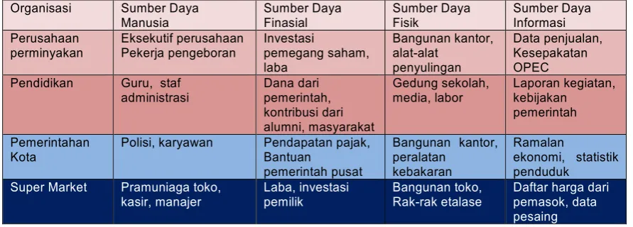 Tabel 1:  Contoh Sumber Daya yang Digunakan oleh Organisasi 
